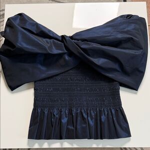 White House Black Market Navy Satin Off-Shoulder Top with Bow NWOT